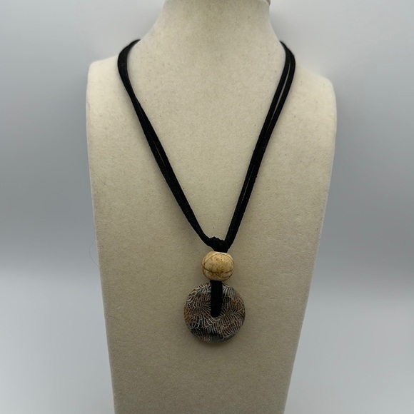 Coral Fossil Donut Pendant Necklace on Black Faux Leather Double Rope - Picture 2 of 14